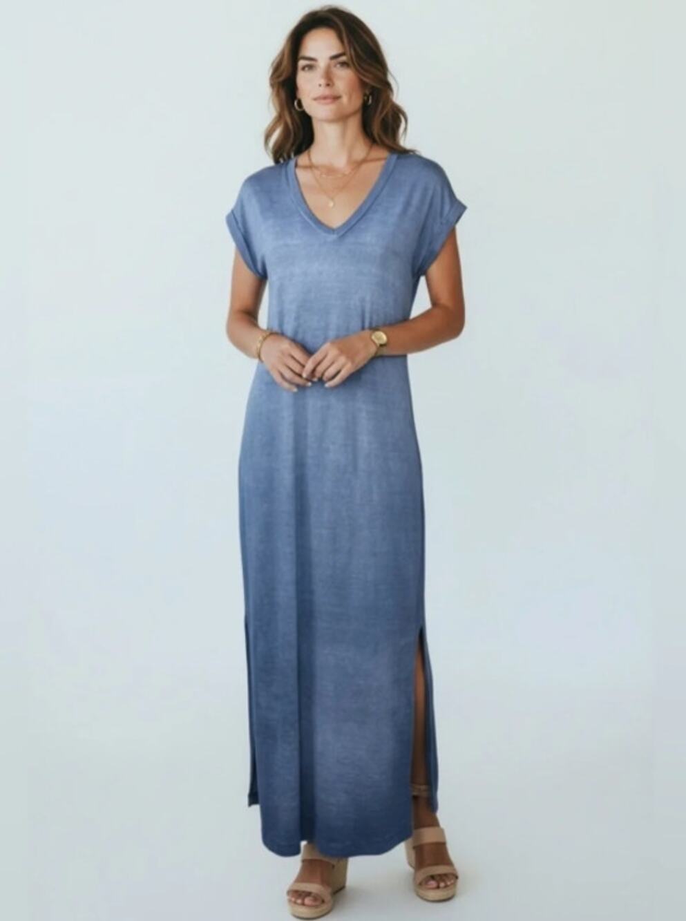 Cloth & Stone Nila T-Shirt Dress Blue V-Neck Cap Sleeves Cotton Lightweight M